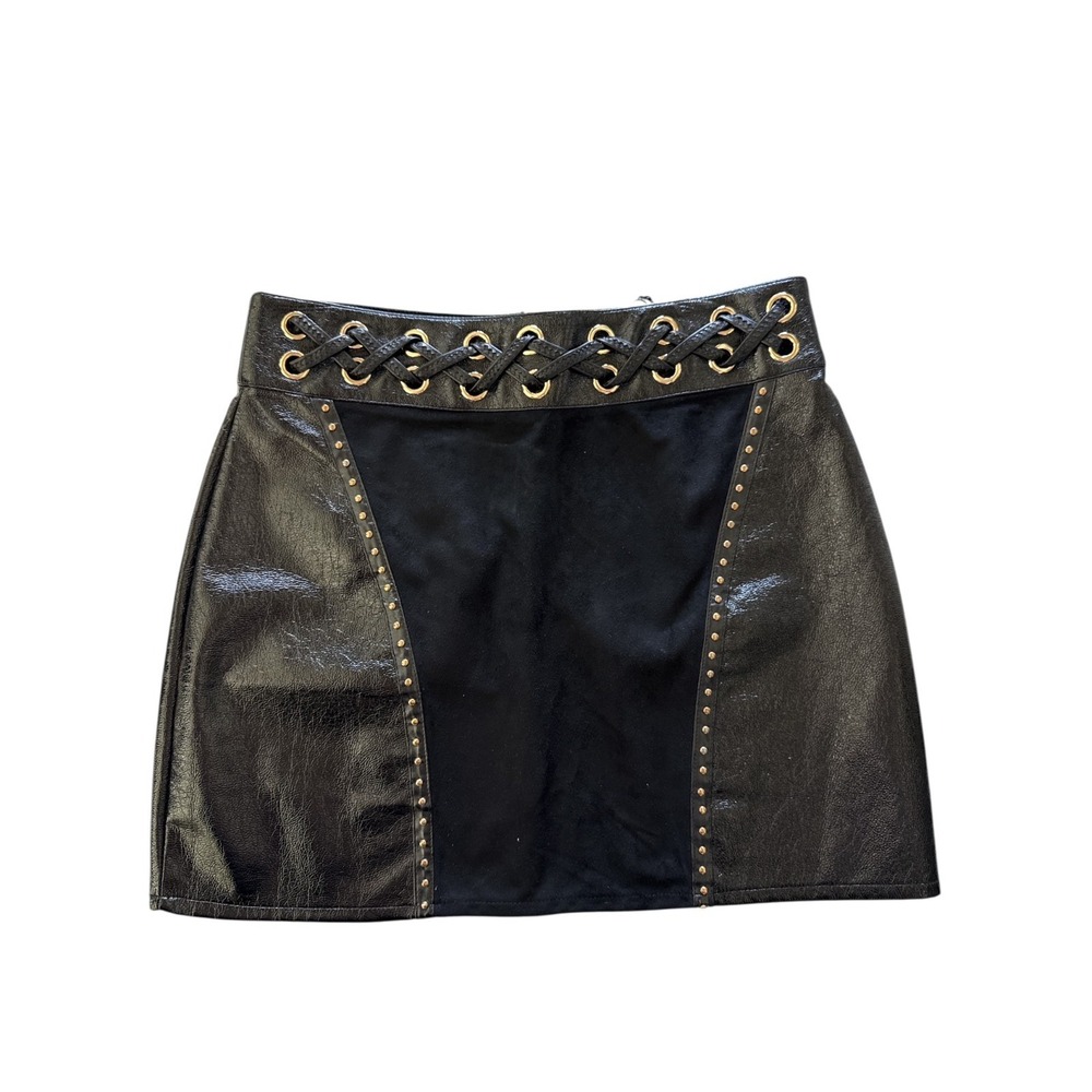Boohoo Night Studded Faux Leather Mini Skirt Lace Up Modern Chic Black US 10 NWT